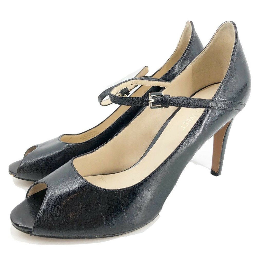 Nine West Womens Dear Diary Black Leather Heels